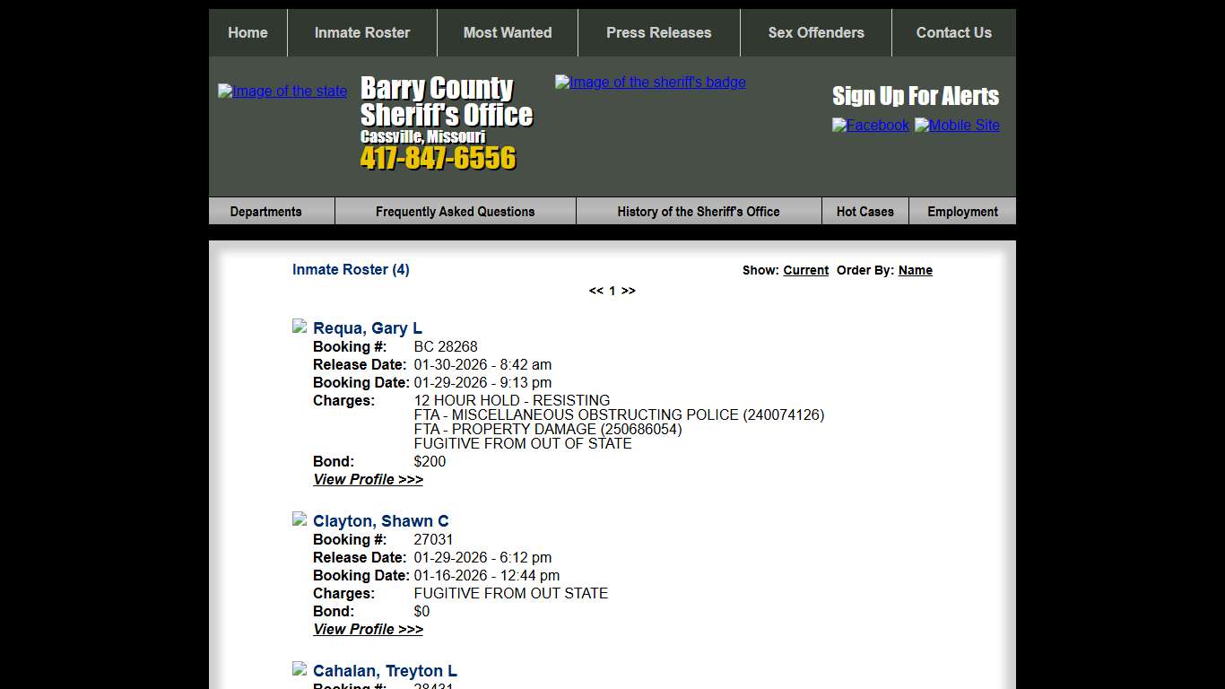 Inmate Roster - Released Inmates Booking Date Descending - Barry County Sheriff MO